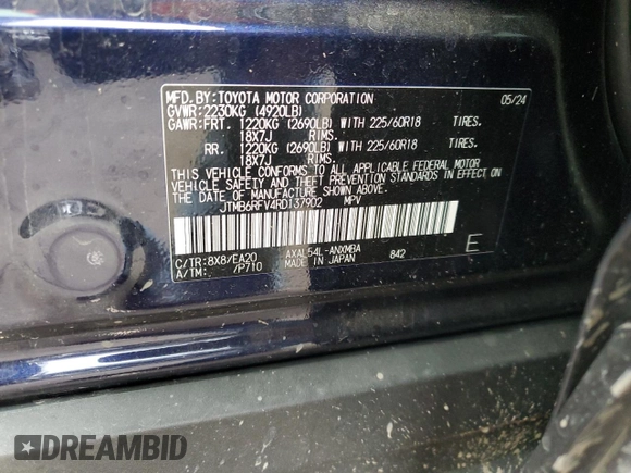 2024 Toyota RAV4 Hybrid XLE Premium with VIN JTMB6RFV4RD137902, listed as a Copart auction lot 86013364 with 9,330 mi miles and Salvage Title. Bid and sale history available at DreamBid. Image 14.