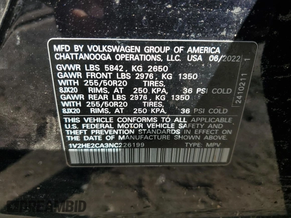 2022 Volkswagen Atlas SE with VIN 1V2HE2CA3NC226199, listed as a Copart auction lot 81424834 with Not provided miles and Non repairable. Bid and sale history available at DreamBid. Image 13.
