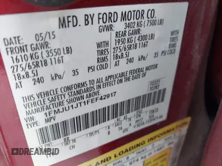 2015 Ford Expedition XLT с VIN 1FMJU1JT1FEF42917, выставлен на аукционе IAAI как лот 42294327 с пробегом 222 910 миль миль и . История ставок и продаж доступна на DreamBid. Изображение 9.