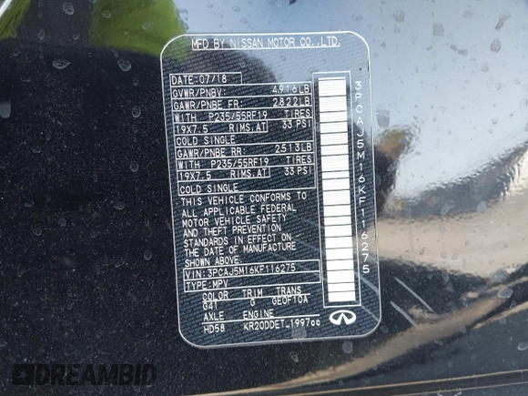 2019 Infiniti QX50 Essential with VIN 3PCAJ5M16KF116275, listed as a IAAI auction lot 42421203 with 109,260 mi miles and . Bid and sale history available at DreamBid. Image 9.