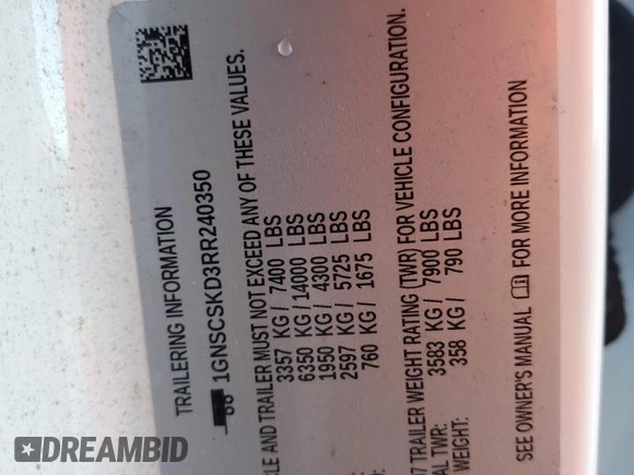 2024 Chevrolet Tahoe Premier with VIN 1GNSCSKD3RR240350, listed as a Copart auction lot 74091914 with Not provided miles and Non repairable. Bid and sale history available at DreamBid. Image 13.