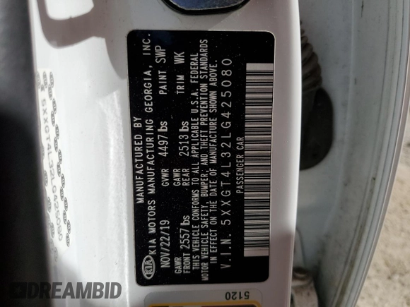 2020 Kia Optima LX z VIN 5XXGT4L32LG425080, wystawiony jako Copart lot #55142055 z przebiegiem 79 485 mil mil oraz Nie do naprawy • Non repairable. Historia ofert i sprzedaży dostępna na DreamBid. Obrazek 12.