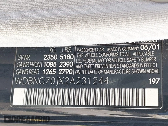2002 Mercedes-Benz S-Class 4.3L with VIN WDBNG70JX2A231244, listed as a IAAI auction lot 41533814 with 103,215 mi miles. Bid and sale history available at carsss.com. Image 9.