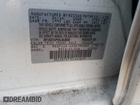 2014 Nissan Sentra SV with VIN 3N1AB7AP9EL663650, listed as a Copart auction lot 43011605 with Not Provided miles and Salvage Title. Bid and sale history available at DreamBid. Image 15.
