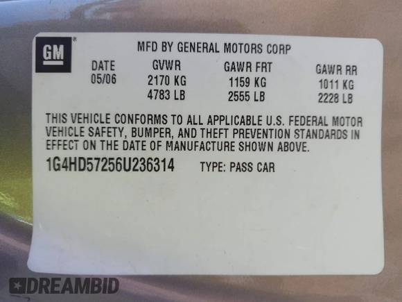 2006 Buick Lucerne CXL with VIN 1G4HD57256U236314, listed as a IAAI auction lot 41657812 with 104,617 mi miles and . Bid and sale history available at DreamBid. Image 9.