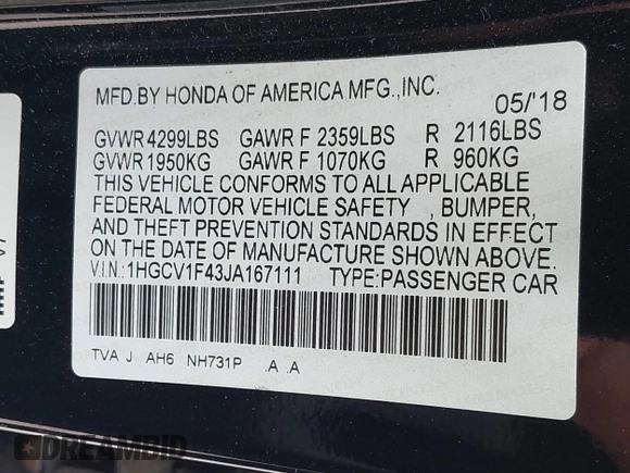 2018 Honda Accord EX with VIN 1HGCV1F43JA167111, listed as a IAAI auction lot 42265049 with 92,482 mi miles and . Bid and sale history available at DreamBid. Image 9.