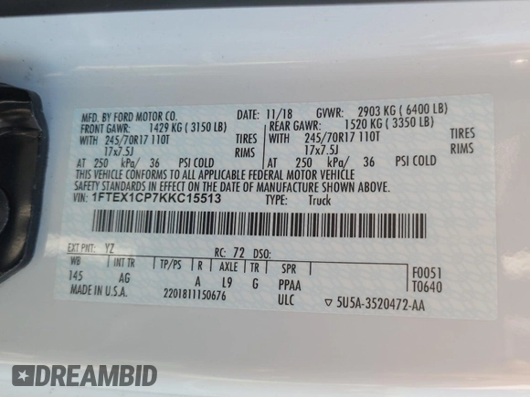 2019 Ford F-150 XL with VIN 1FTEX1CP7KKC15513, listed as a IAAI auction lot 42610447 with 101,069 mi miles and . Bid and sale history available at DreamBid. Image 24.