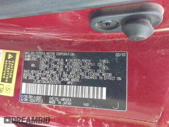 2010 Lexus RX 450h with VIN JTJBC1BA3A2025070, listed as a IAAI auction lot 41737673 with 138,011 mi miles and . Bid and sale history available at DreamBid. Image 9.