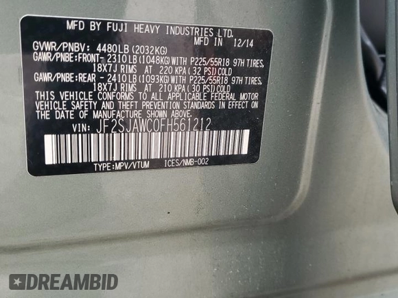 2015 Subaru Forester Touring with VIN JF2SJAWC0FH561212, listed as a Copart auction lot 56470495 with 100,730 mi miles and Salvage title. Bid and sale history available at DreamBid. Image 13.