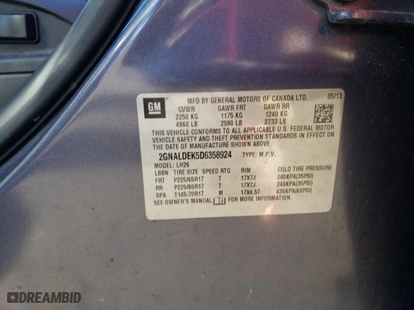 2013 Chevrolet Equinox LT with VIN 2GNALDEK5D6358924, listed as a Copart auction lot 45720085 with 0 mi miles and Salvage Title. Bid and sale history available at carsss.com. Image 12.