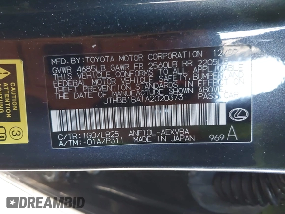 2010 Lexus HS 250h with VIN JTHBB1BA1A2020373, listed as a IAAI auction lot 41644953 with 221,122 mi miles and . Bid and sale history available at DreamBid. Image 9.