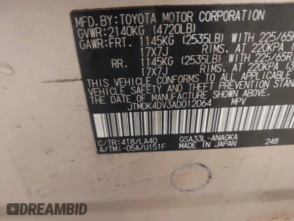 2010 Toyota RAV4 Limited with VIN JTMDK4DV3AD012064, listed as a IAAI auction lot 42506983 with 189,034 mi miles and . Bid and sale history available at DreamBid. Image 9.