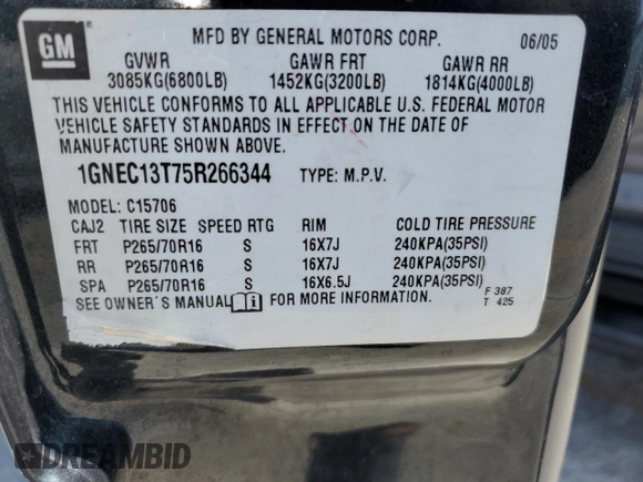 2005 Chevrolet Tahoe Z71 with VIN 1GNEC13T75R266344, listed as a Copart auction lot 62756385 with 88,734 mi miles and Clean title. Bid and sale history available at DreamBid. Image 13.
