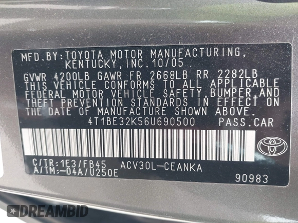 2006 Toyota Camry STD with VIN 4T1BE32K56U690500, listed as a IAAI auction lot 42003895 with 120,824 mi miles. Bid and sale history available at carsss.com. Image 9.