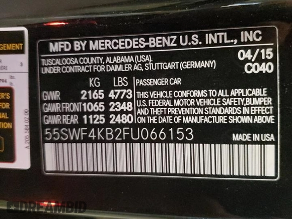 2015 Mercedes-Benz C 300 Luxury with VIN 55SWF4KB2FU066153, listed as a Copart auction lot 54046095 with 109,127 mi miles and Salvage Title. Bid and sale history available at DreamBid. Image 12.