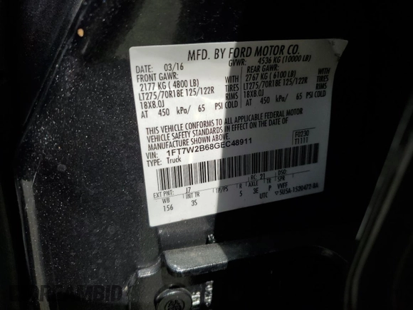 2016 Ford F-250 Lariat with VIN 1FT7W2B68GEC48911, listed as a Copart auction lot 61528395 with 189,294 mi miles and Salvage title. Bid and sale history available at DreamBid. Image 13.