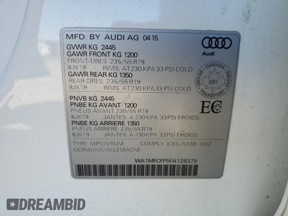 2015 Audi Q5 with VIN WA1MFCFP5FA128379, listed as a Copart auction lot 49406145 with 123,182 mi miles and Clean title. Bid and sale history available at DreamBid. Image 13.