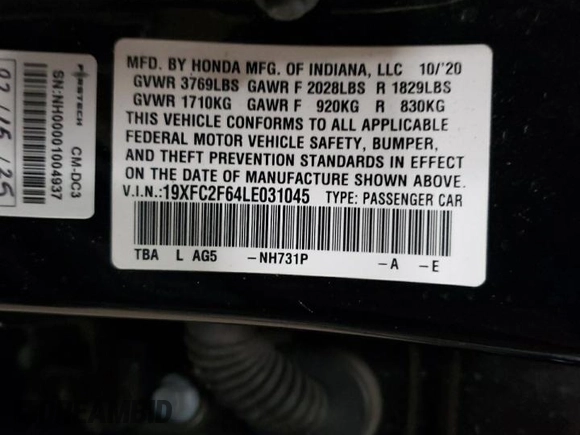 2020 Honda Civic Sedan LX with VIN 19XFC2F64LE031045, listed as a Copart auction lot 54589445 with 58,692 mi miles and Salvage Title. Bid and sale history available at carsss.com. Image 13.