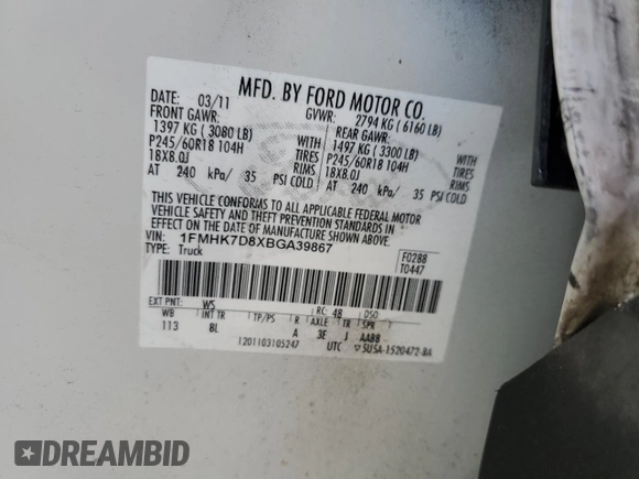 2011 Ford Explorer XLT с VIN 1FMHK7D8XBGA39867, выставлен на аукционе Copart как лот 60650425 с пробегом 257 105 миль миль и Списание • Salvage title. История ставок и продаж доступна на DreamBid. Изображение 13.