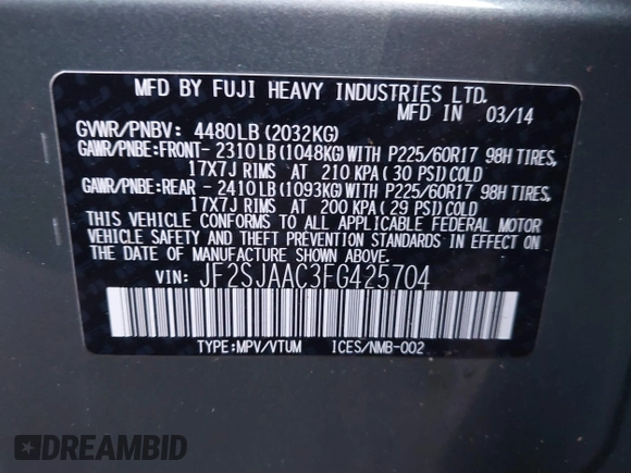 2015 Subaru Forester 2.5i with VIN JF2SJAAC3FG425704, listed as a IAAI auction lot 41220979 with 221,240 mi miles. Bid and sale history available at carsss.com. Image 9.