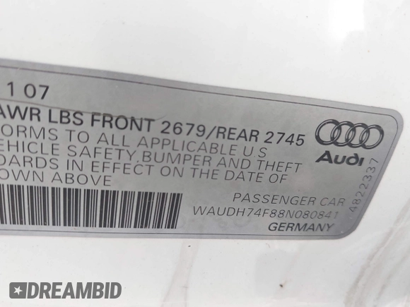 2008 Audi A6 z VIN WAUDH74F88N080841, wystawiony jako IAAI lot #42423463 z przebiegiem 34 594 mil mil oraz . Historia ofert i sprzedaży dostępna na DreamBid. Obrazek 9.