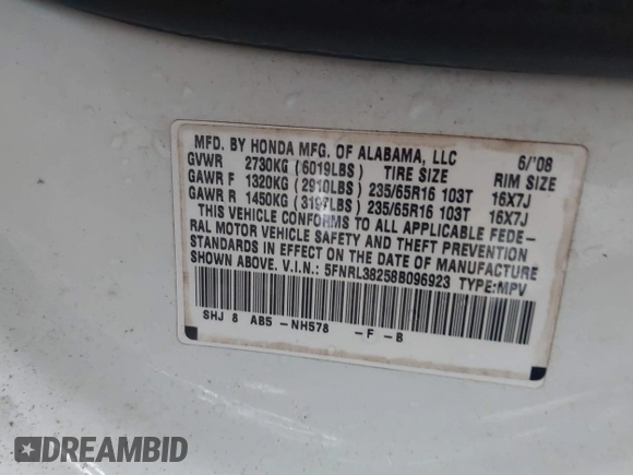 2008 Honda Odyssey LX with VIN 5FNRL38258B096923, listed as a IAAI auction lot 41943478 with 161,805 mi miles. Bid and sale history available at carsss.com. Image 9.