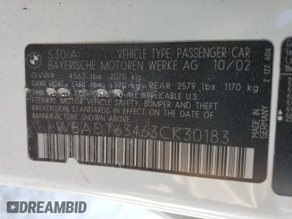 2003 BMW 5 Series 530iA with VIN WBADT63463CK30183, listed as a Copart auction lot 49673635 with 0 mi miles and Non Repairable. Bid and sale history available at carsss.com. Image 12.