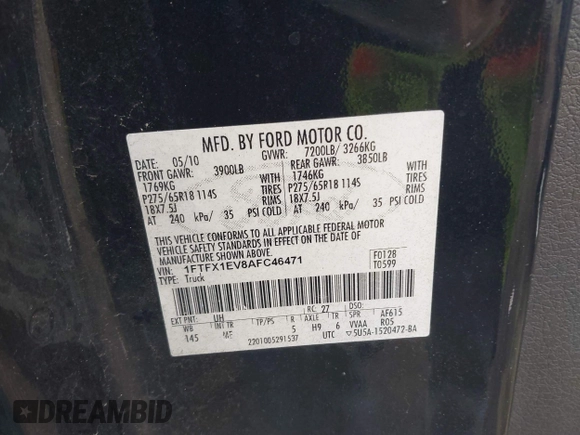 2010 Ford F-150 XL with VIN 1FTFX1EV8AFC46471, listed as a IAAI auction lot 42749255 with 169,134 mi miles and . Bid and sale history available at DreamBid. Image 9.