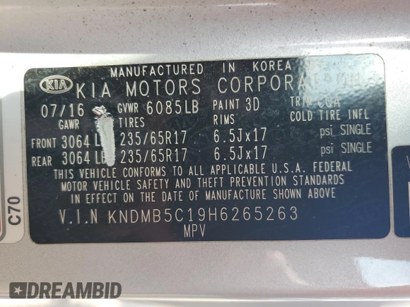 2017 Kia Sedona LX with VIN KNDMB5C19H6265263, listed as a Copart auction lot 53246695 with 121,770 mi miles and Clean Title. Bid and sale history available at carsss.com. Image 13.