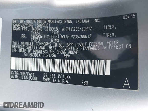 2015 Toyota Sienna L with VIN 5TDZK3DCXFS594786, listed as a IAAI auction lot 42292618 with 180,119 mi miles and . Bid and sale history available at DreamBid. Image 9.