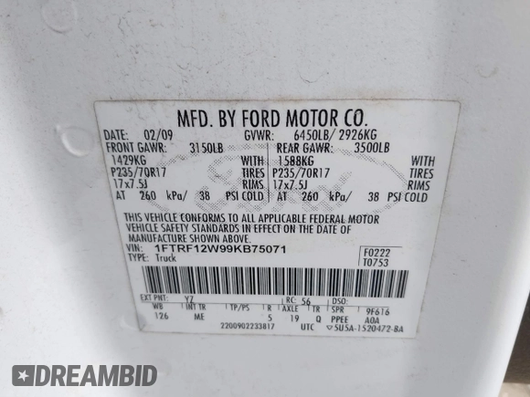 2009 Ford F-150 XL with VIN 1FTRF12W99KB75071, listed as a IAAI auction lot 41497370 with 154,264 mi miles and . Bid and sale history available at DreamBid. Image 9.