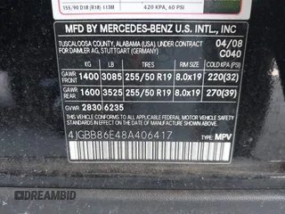 2008 Mercedes-Benz M 350 with VIN 4JGBB86E48A406417, listed as a IAAI auction lot 41936968 with 192,866 mi miles and . Bid and sale history available at DreamBid. Image 9.