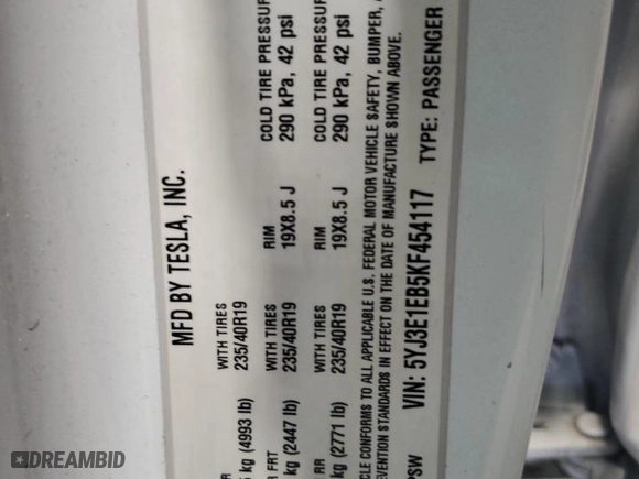 2019 Tesla Model 3 Long Range with VIN 5YJ3E1EB5KF454117, listed as a Copart auction lot 53352525 with 42,483 mi miles and Salvage Title. Bid and sale history available at carsss.com. Image 13.