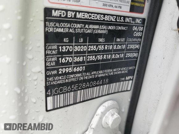 2008 Mercedes-Benz R 3.5L with VIN 4JGCB65E28A084418, listed as a Copart auction lot 63391385 with 120,038 mi miles and Salvage title. Bid and sale history available at DreamBid. Image 13.