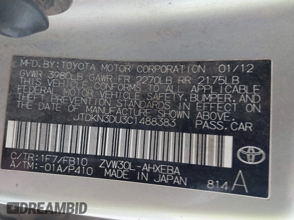 2012 Toyota Prius One with VIN JTDKN3DU3C1488383, listed as a IAAI auction lot 41937795 with 150,051 mi miles. Bid and sale history available at carsss.com. Image 9.