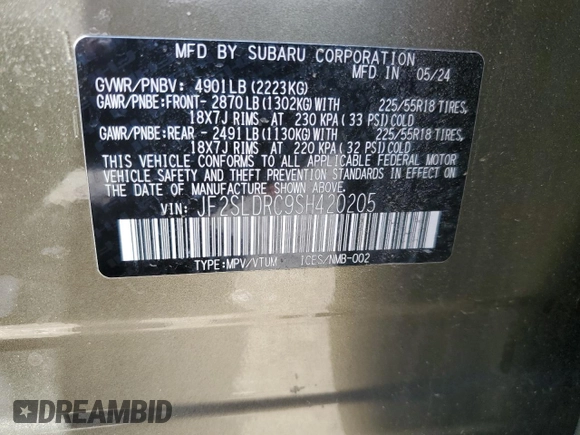 2025 Subaru Forester Limited with VIN JF2SLDRC9SH420205, listed as a Copart auction lot 59107825 with 25,376 mi miles and Salvage title. Bid and sale history available at DreamBid. Image 13.