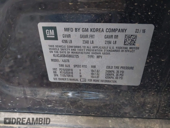 2016 Buick Encore with VIN KL4CJASB4GB652725, listed as a IAAI auction lot 41457095 with 20,884 mi miles and . Bid and sale history available at carsss.com. Image 9.