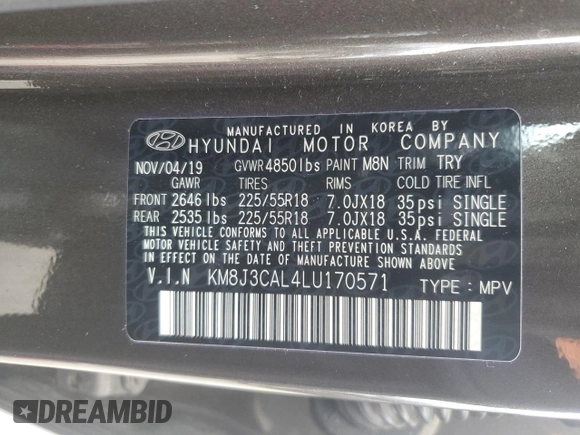 2020 Hyundai Tucson Sport с VIN KM8J3CAL4LU170571, выставлен на аукционе Copart как лот 60997395 с пробегом 5 860 миль миль и Списание • Salvage title. История ставок и продаж доступна на DreamBid. Изображение 13.