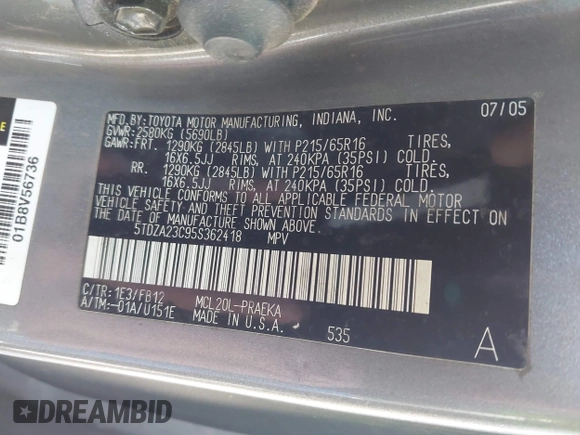 2005 Toyota Sienna CE with VIN 5TDZA23C95S362418, listed as a IAAI auction lot 42526995 with 232,857 mi miles and . Bid and sale history available at DreamBid. Image 9.