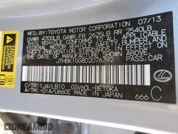 2013 Lexus ES 4dr Sdn with VIN JTHBK1GG8D2076392, listed as a Copart auction lot 82822794 with 96,433 mi miles and Salvage Title. Bid and sale history available at carsss.com. Image 14.