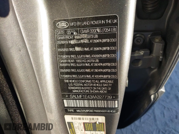 2010 Land Rover Range Rover SC with VIN SALMF1E43AA327739, listed as a IAAI auction lot 41846107 with 136,920 mi miles and . Bid and sale history available at DreamBid. Image 9.