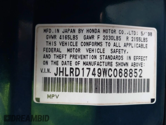 1998 Honda CR-V LX z VIN JHLRD1749WC068852, wystawiony jako IAAI lot #41915089 z przebiegiem 241 163 mil mil oraz . Historia ofert i sprzedaży dostępna na DreamBid. Obrazek 9.