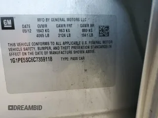 2012 Chevrolet Cruze 1FL with VIN 1G1PE5SC6C7359118, listed as a Copart auction lot 54675505 with 99,875 mi miles and Salvage Title. Bid and sale history available at DreamBid. Image 12.