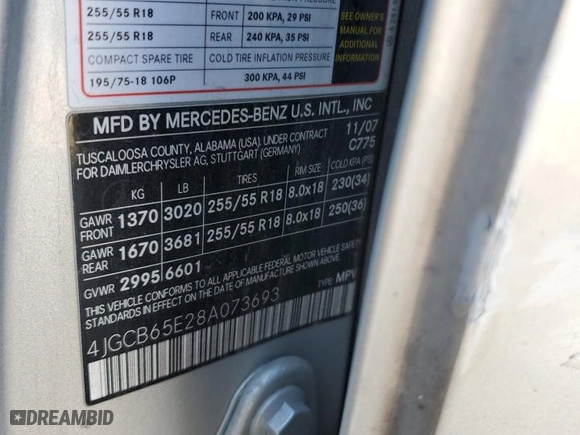 2008 Mercedes-Benz R-Class 3.5L with VIN 4JGCB65E28A073693, listed as a Copart auction lot 76323084 with 188,277 mi miles and Salvage Title. Bid and sale history available at carsss.com. Image 13.