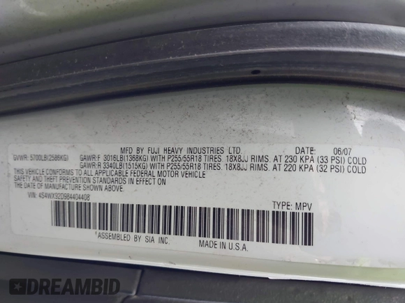 2008 Subaru Tribeca Limited с VIN 4S4WX92D984404408, выставлен на аукционе IAAI как лот 42001195 с пробегом 171 192 миль миль и . История ставок и продаж доступна на DreamBid. Изображение 9.