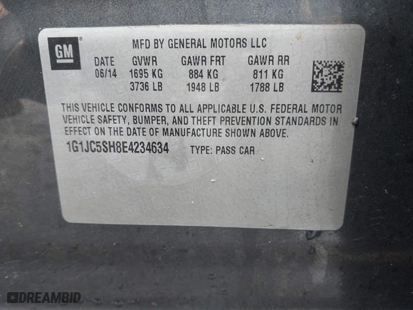 2014 Chevrolet Sonic LT with VIN 1G1JC5SH8E4234634, listed as a IAAI auction lot 41464054 with 117,113 mi miles. Bid and sale history available at carsss.com. Image 9.