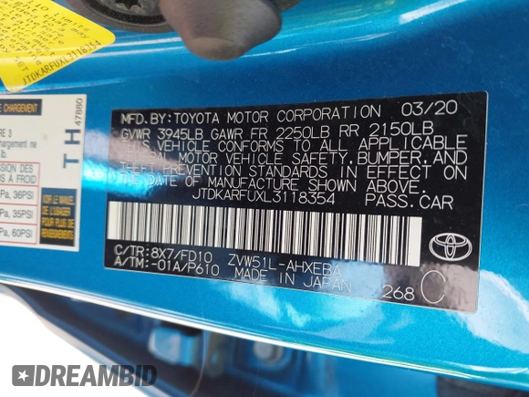 2020 Toyota Prius L Eco with VIN JTDKARFUXL3118354, listed as a IAAI auction lot 41991337 with 83,030 mi miles and . Bid and sale history available at DreamBid. Image 9.