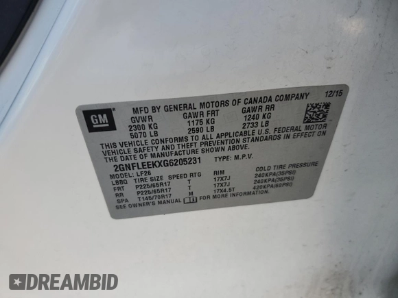 2016 Chevrolet Equinox LS with VIN 2GNFLEEKXG6205231, listed as a Copart auction lot 50716285 with 133,306 mi miles and Salvage Title. Bid and sale history available at DreamBid. Image 13.
