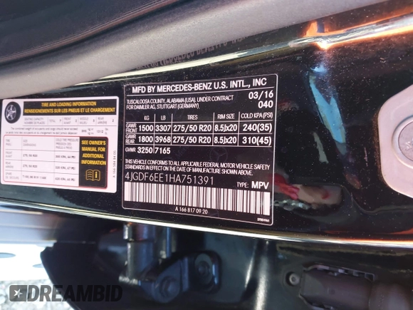 2017 Mercedes-Benz GLS 450 with VIN 4JGDF6EE1HA751391, listed as a IAAI auction lot 41416848 with 202,732 mi miles and . Bid and sale history available at DreamBid. Image 9.