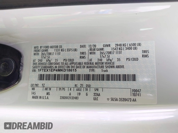2021 Ford F-150 XL z VIN 1FTEX1EP4MKD18615, wystawiony jako IAAI lot #41580207 z przebiegiem 69 478 mil mil oraz . Historia ofert i sprzedaży dostępna na DreamBid. Obrazek 9.
